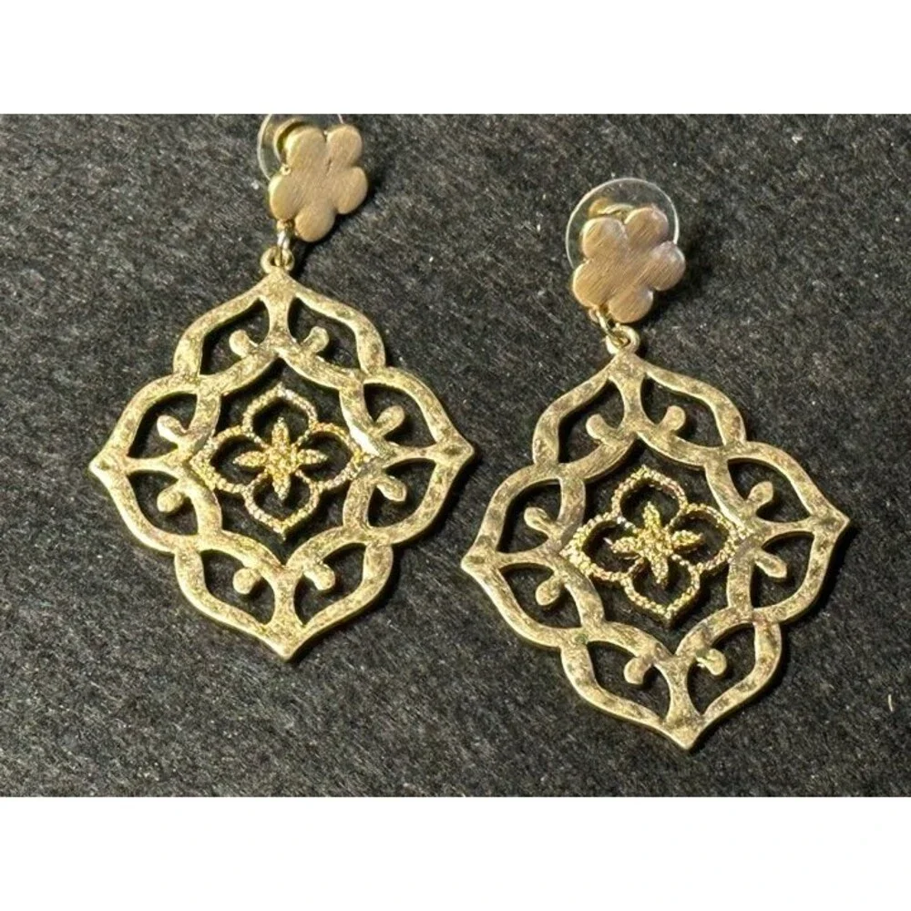 Gold Tone Moroccan Filigree Dangle Earrings Boho Statement Flower Style New